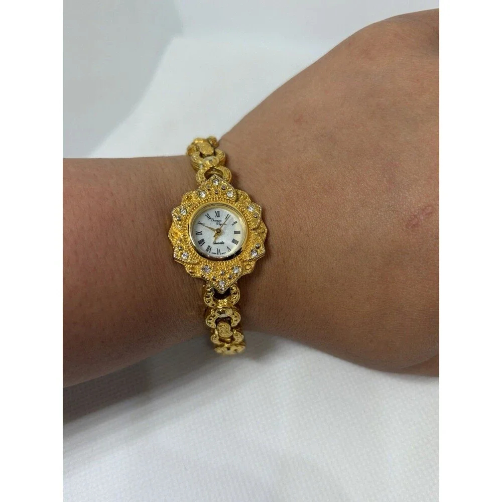 Vintage Champs Elysees Gold Tone Rhinestone Bracelet Watch – Working